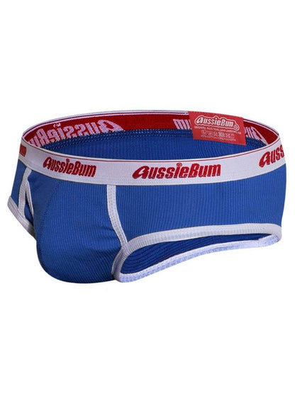 Blue men's underwear with red and white 'AussieBum' waistband on a white background