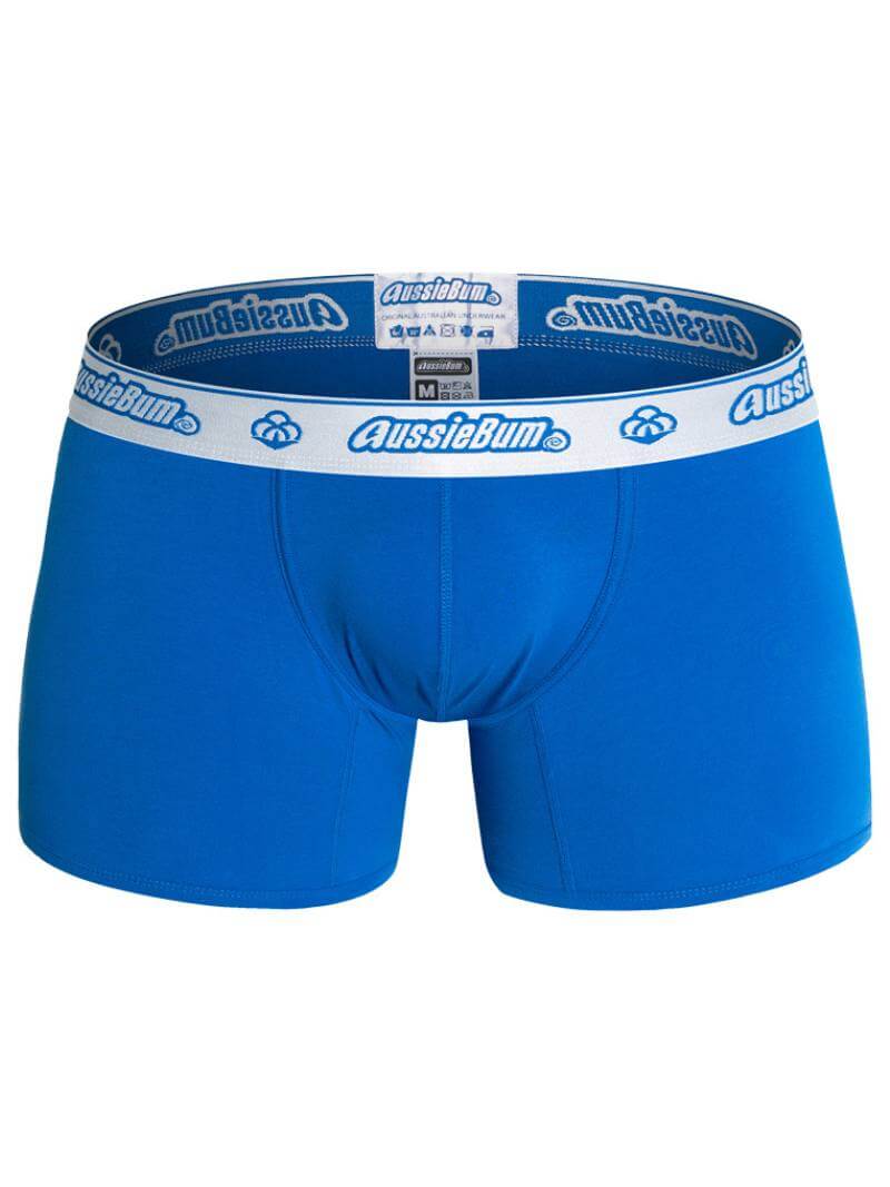 Blue boxer briefs with a white and blue waistband on a white background