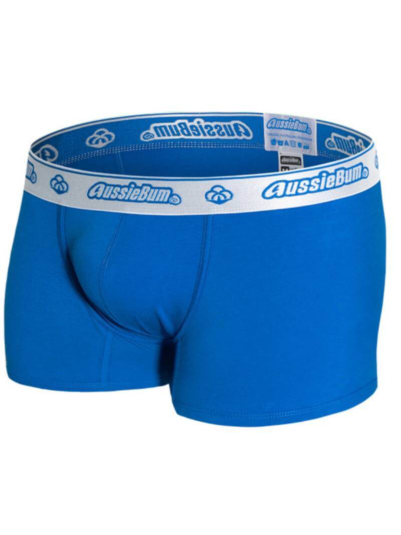 Blue boxer briefs with white waistband featuring 'AussieBum' branding on a white background.
