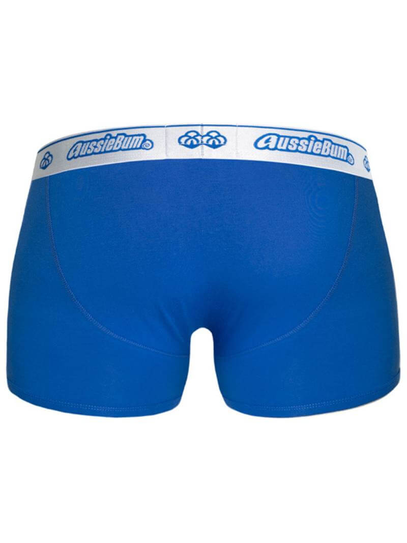 Blue boxer briefs with a white waistband featuring 'AussieBum' branding on a white background.