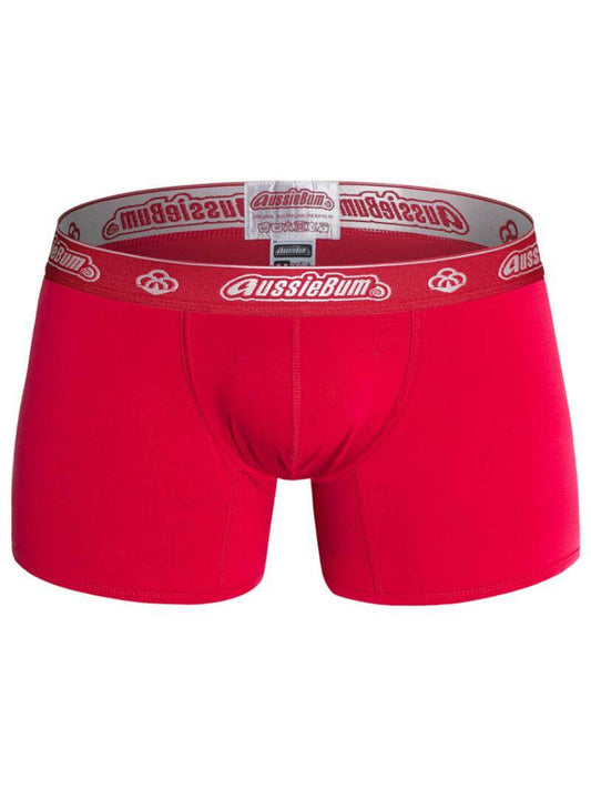 Red boxer briefs with a branded waistband on a white background