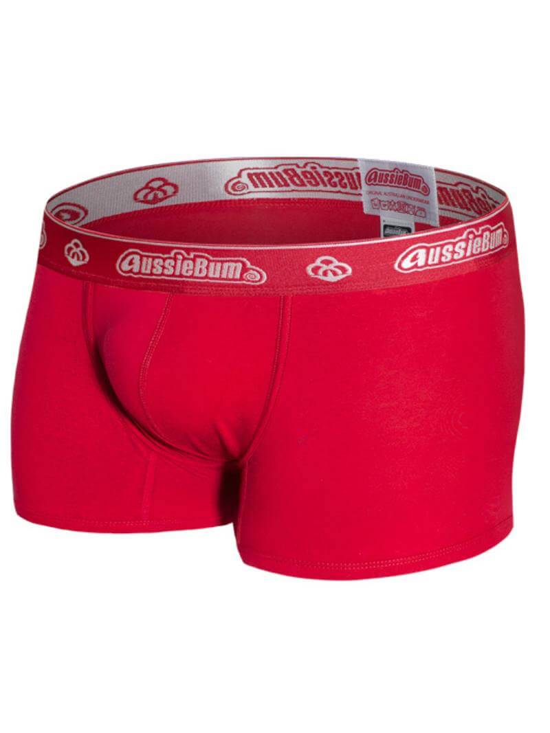 Red boxer briefs with a white waistband featuring 'AussieBum' branding on a white background.