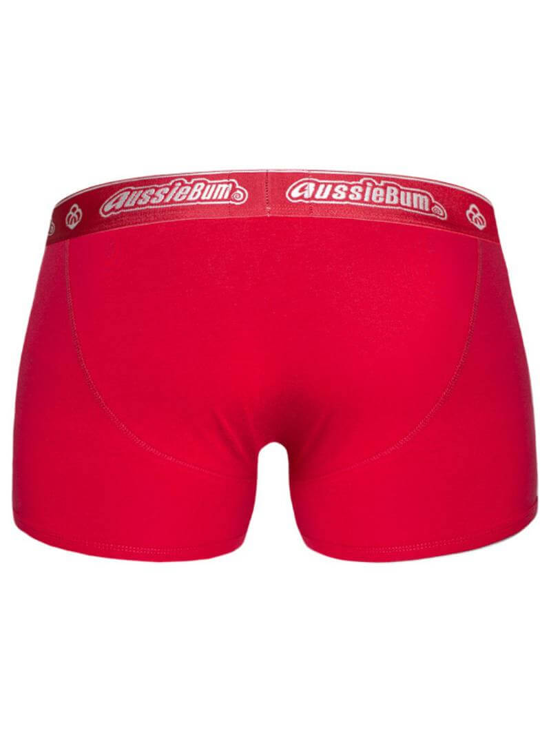 Red boxer briefs with a red waistband featuring 'AussieBum' branding on a white background.