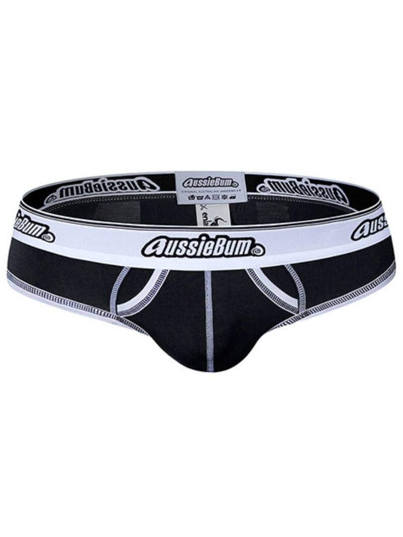 Black men's underwear with white waistband featuring 'AussieBum' branding on a white background.