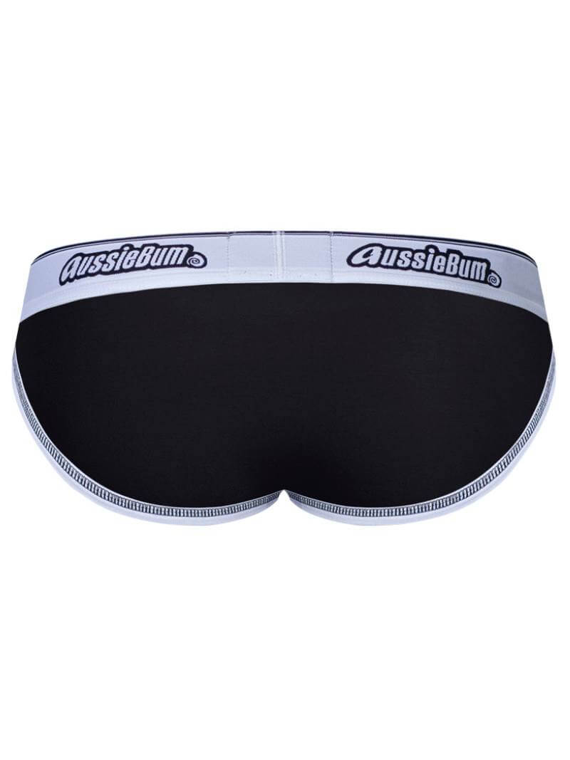 Black boxer briefs with white waistband featuring 'AussieBum' logo on a white background