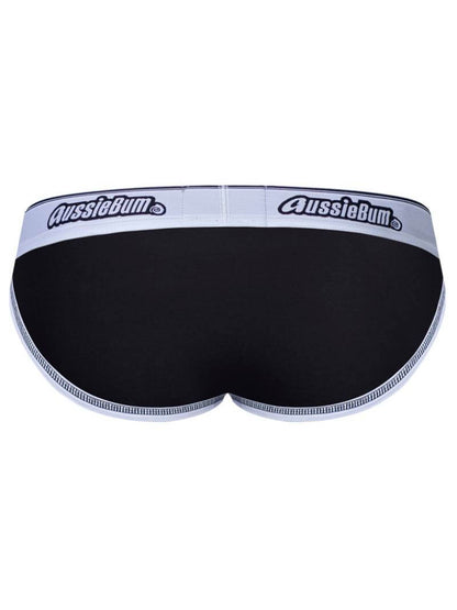 Black boxer briefs with white waistband featuring 'AussieBum' logo on a white background
