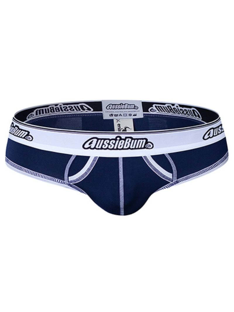 Navy blue men's underwear with white waistband featuring 'AussieBum' branding on a white background.