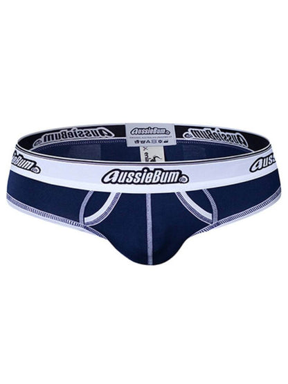 Navy blue men's underwear with white waistband featuring 'AussieBum' branding on a white background.