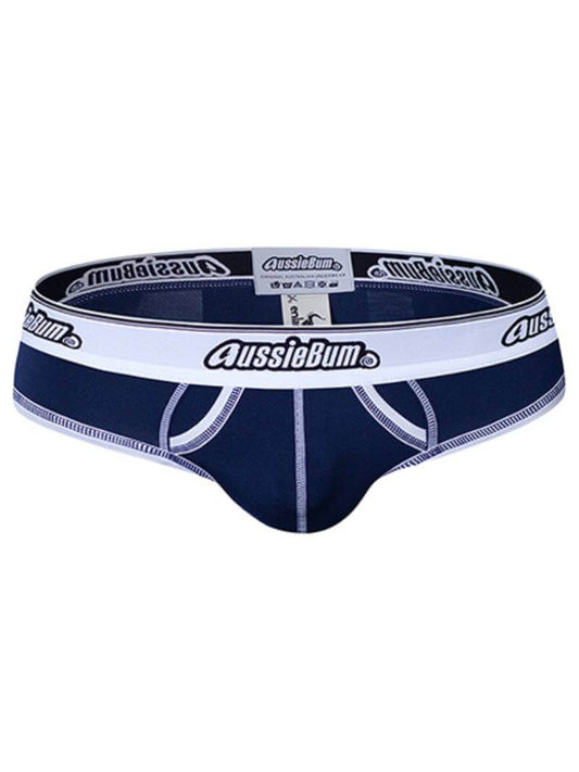 Navy blue men's underwear with white waistband featuring 'AussieBum' branding on a white background.