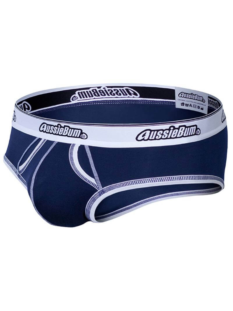 Navy men's underwear with white logo band on a white background