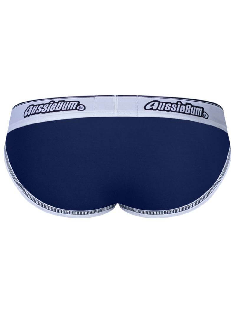 Navy blue men's underwear with white waistband featuring 'AussieBum' logo on a white background