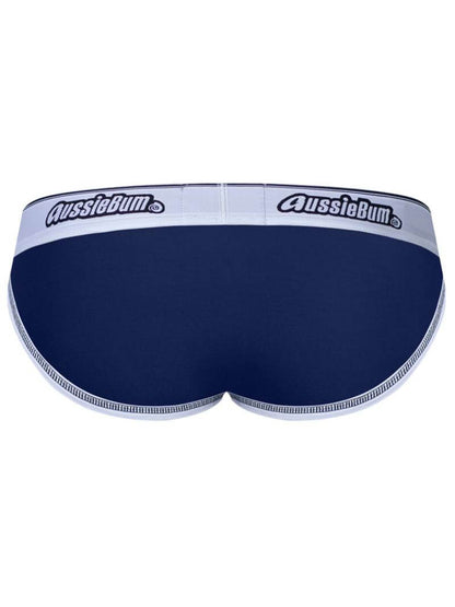Navy blue men's underwear with white waistband featuring 'AussieBum' logo on a white background