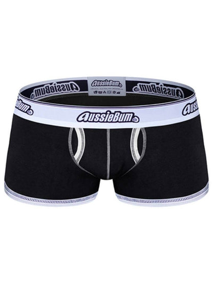Black men's underwear with white waistband featuring 'AussieBum' branding on a white background.