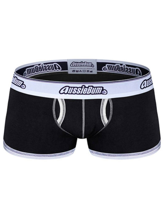Black men's underwear with white waistband featuring 'AussieBum' branding on a white background.
