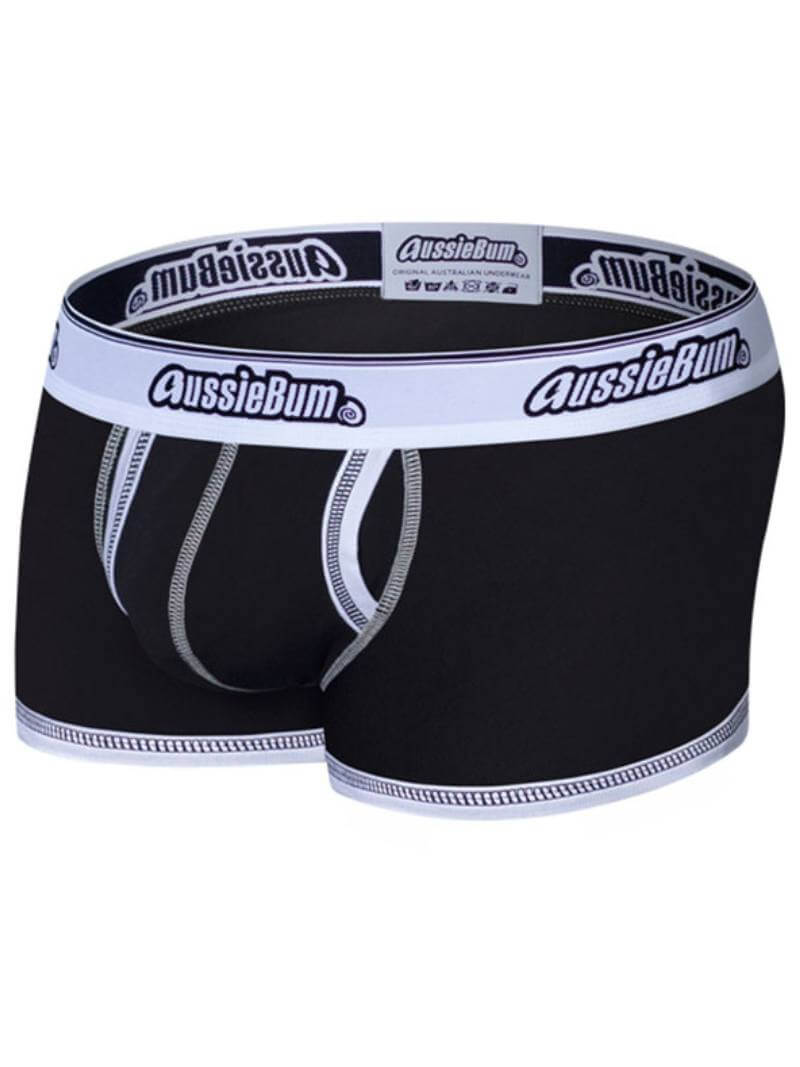 Black boxer briefs with white waistband and branding on a white background