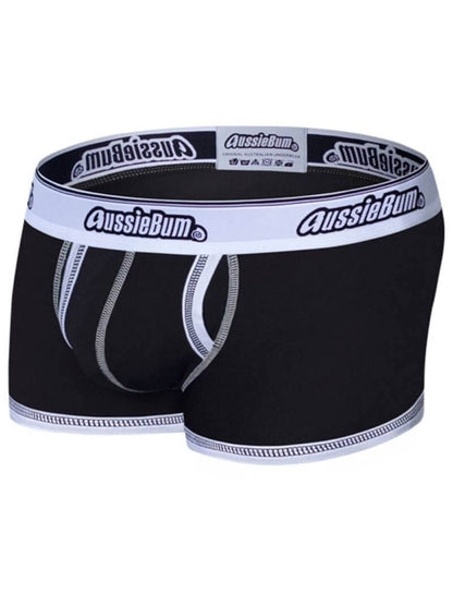 Black boxer briefs with white waistband and branding on a white background