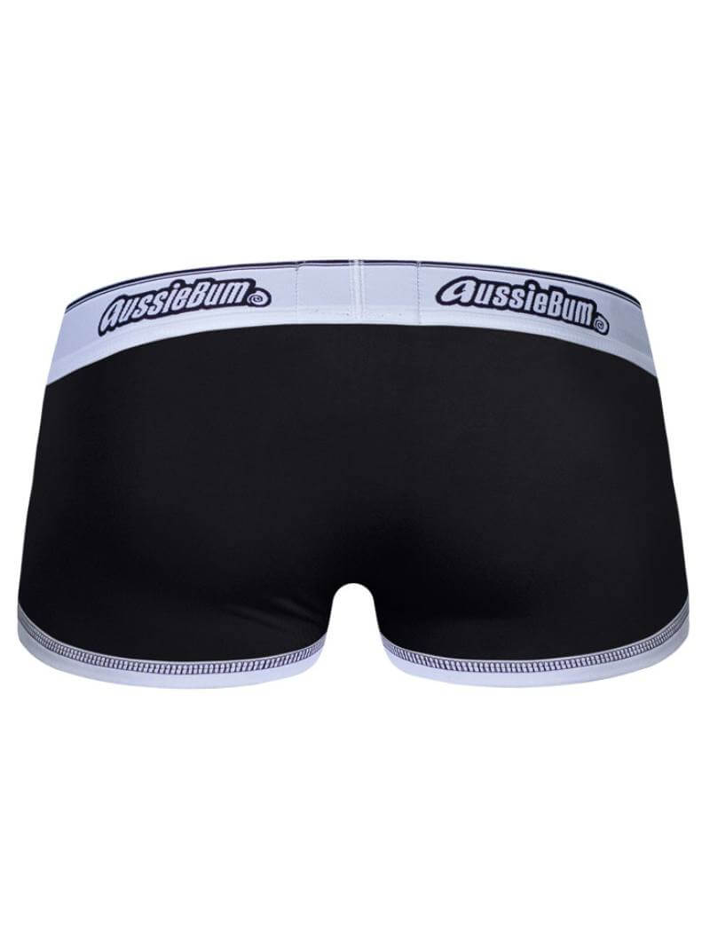 Black boxer briefs with white waistband featuring 'AussieBum' logo on a white background