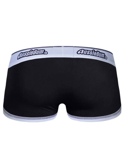 Black boxer briefs with white waistband featuring 'AussieBum' logo on a white background