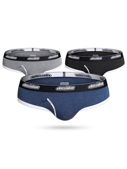 Three pairs of men's underwear in gray, black, and blue with 'AussieGum' branding on a white background.