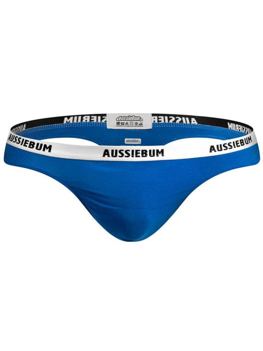 Blue men's underwear with 'Aussiebum' branding on a white background