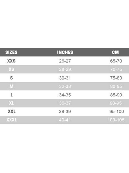 Size chart for clothing measurements in inches and centimeters on a white background