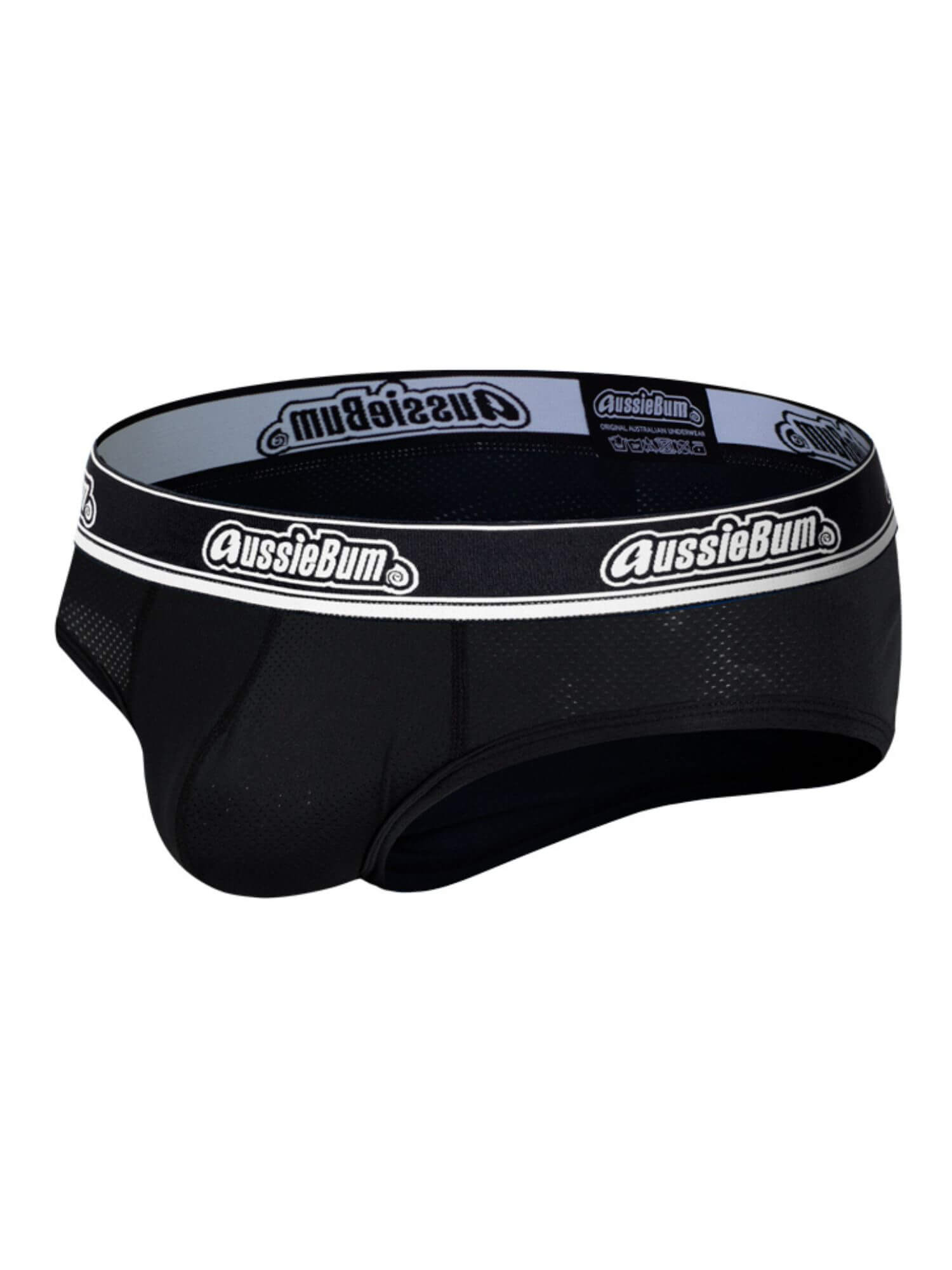 Black underwear with a visible brand logo on a white background