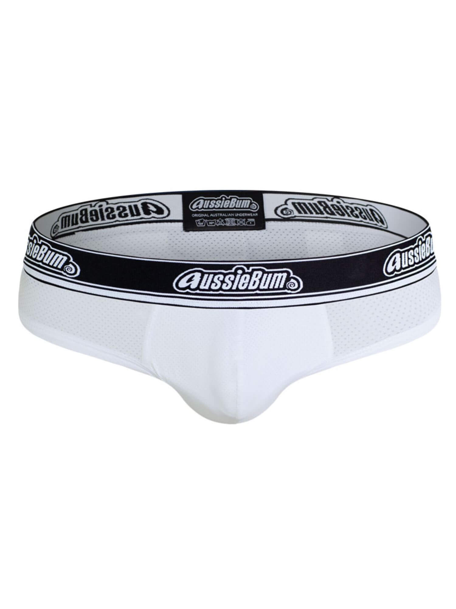 White men's underwear with black waistband featuring 'AussieBum' branding on a white background.