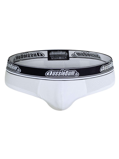 White men's underwear with black waistband featuring 'AussieBum' branding on a white background.