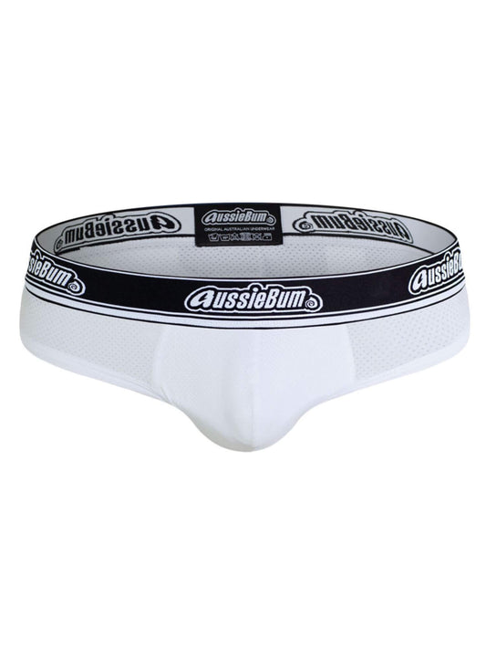 White men's underwear with black waistband featuring 'AussieBum' branding on a white background.
