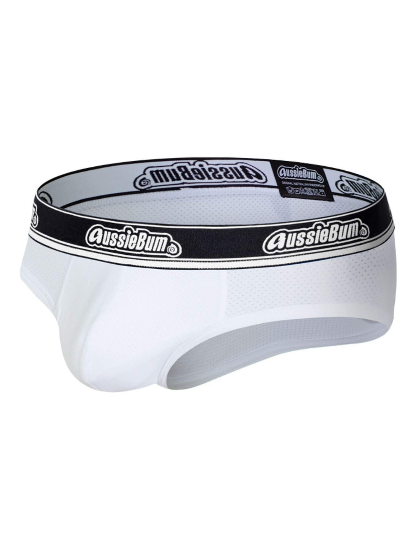 White men's underwear with black logo waistband on a white background