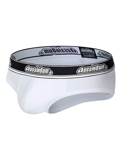 White men's underwear with black logo waistband on a white background