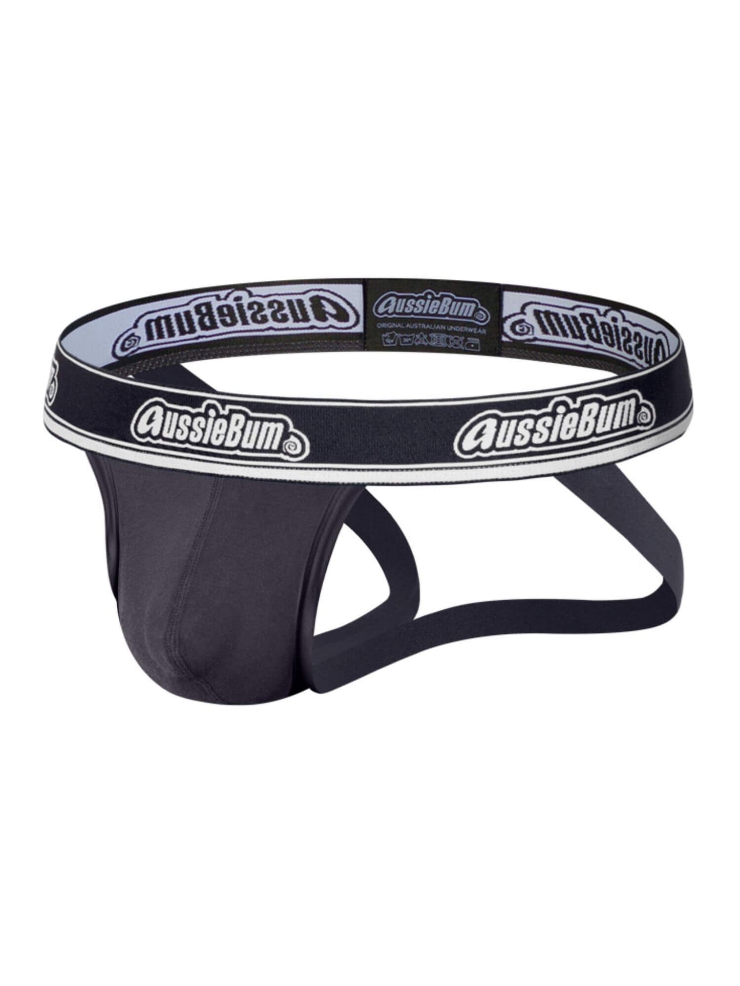 grey underwear with a white waistband featuring 'AussieBum' branding on a white background.