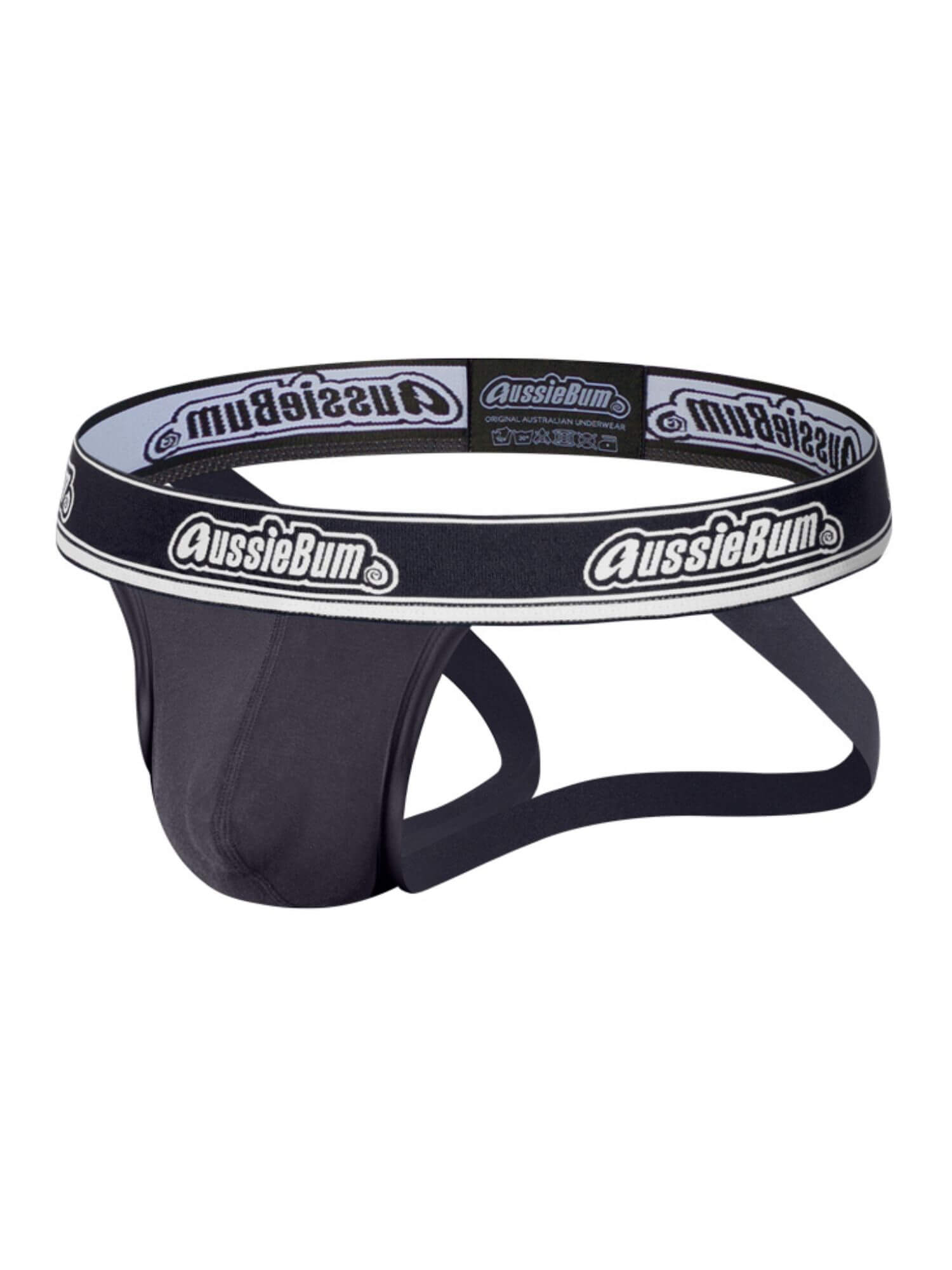 grey underwear with a white waistband featuring 'AussieBum' branding on a white background.