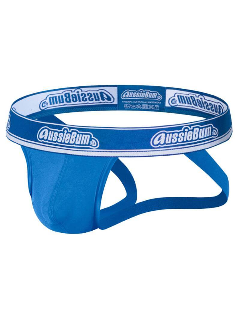 Blue swim diaper with 'AussieBum' branding on a white background