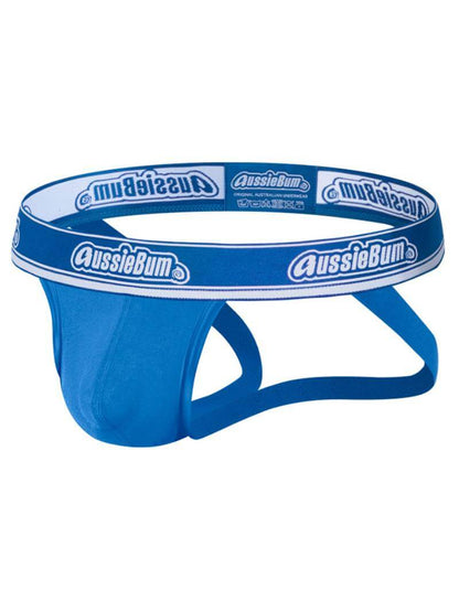 Blue swim diaper with 'AussieBum' branding on a white background
