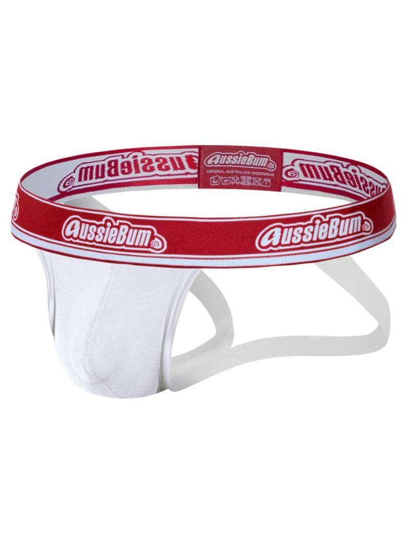 White underwear with red waistband featuring 'AussieBum' branding on a white background