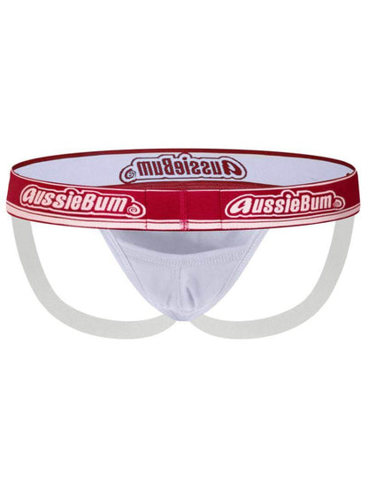 White men's underwear with red 'AussieBum' waistband on a white background