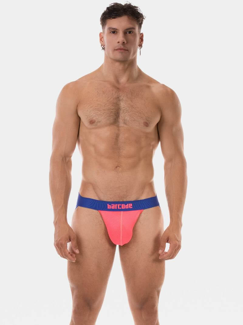 Man wearing a pink and blue men's underwear set on a white background