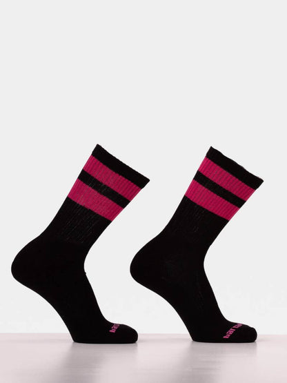 Black socks with pink stripes on a white background