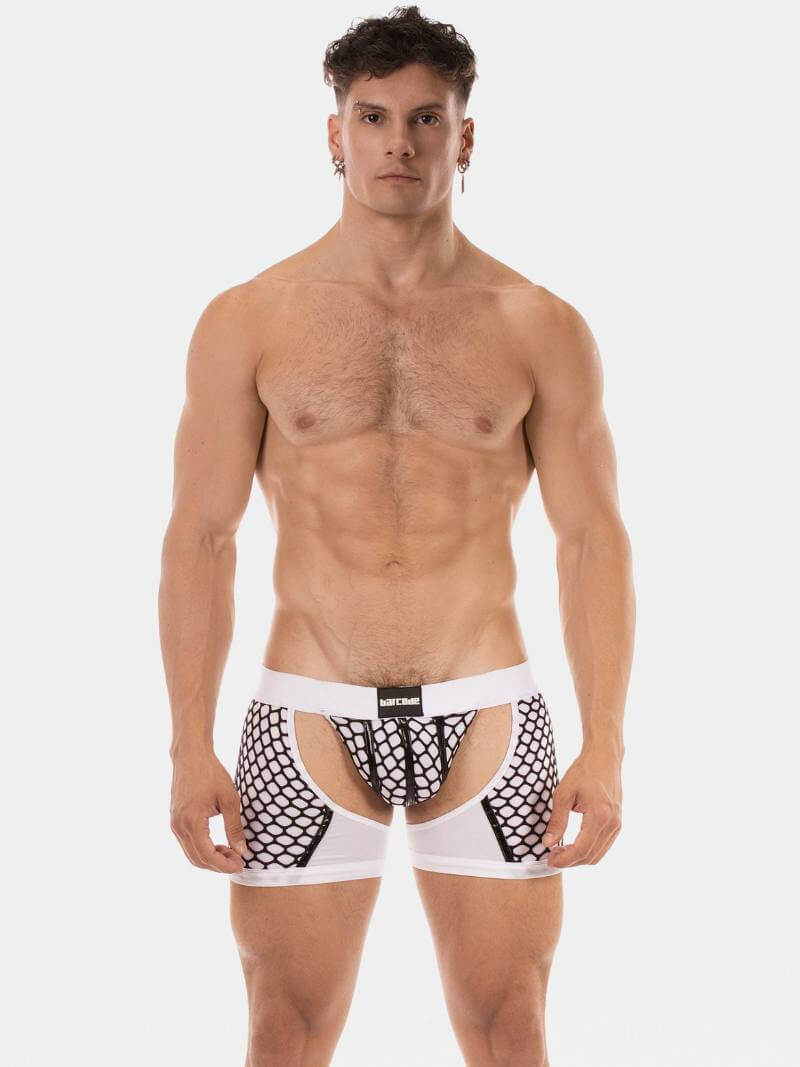 Man wearing white boxer briefs with black fishnet pattern on a white background