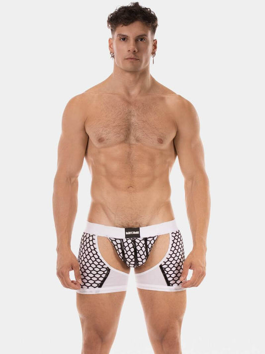 Man wearing white boxer briefs with black fishnet pattern on a white background