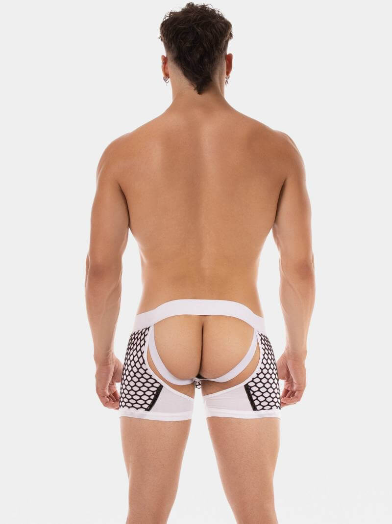 Man wearing a white men's underwear with black pattern on a white background