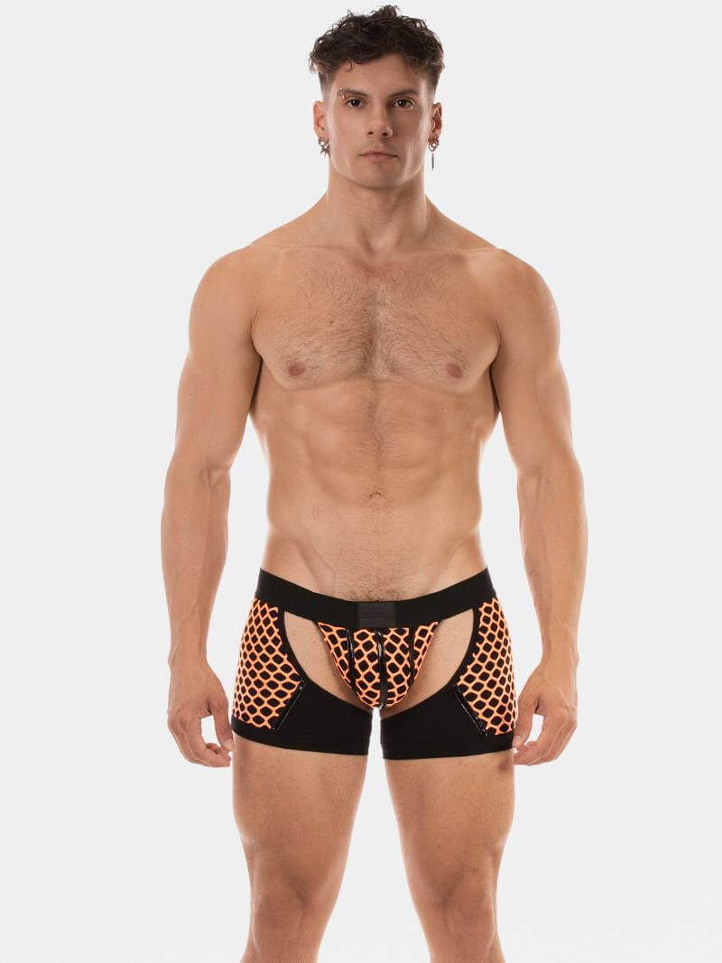 Man wearing black and orange patterned underwear on a white background
