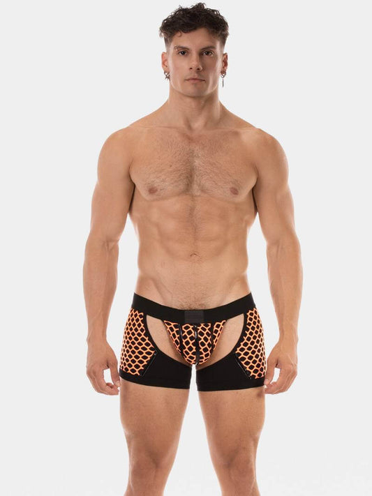 Man wearing black and orange patterned underwear on a white background