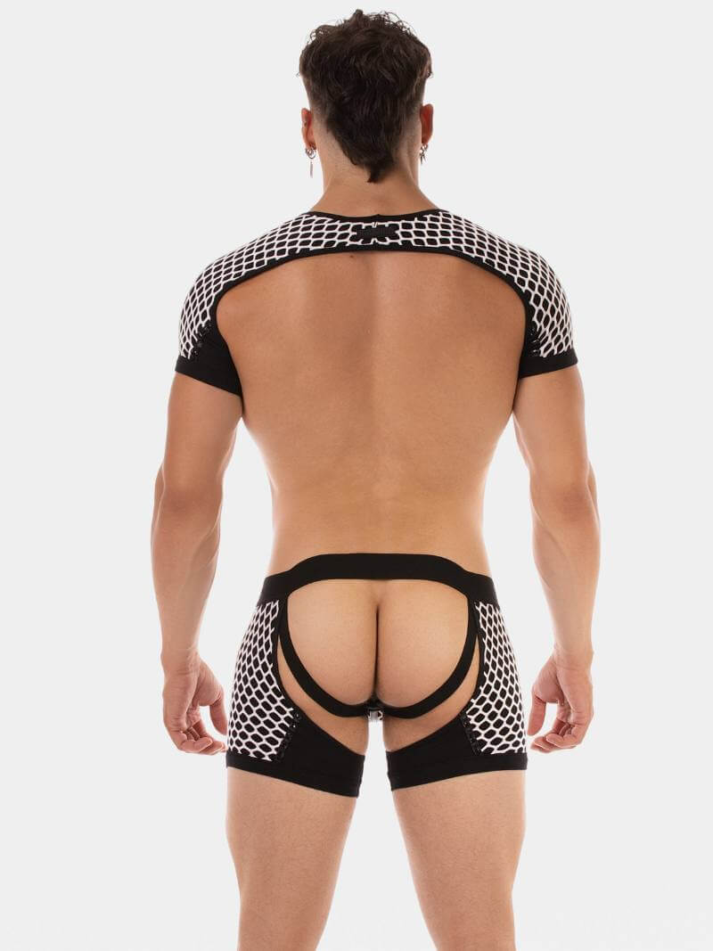 Person wearing black fishnet lingerie with white mesh on a plain background