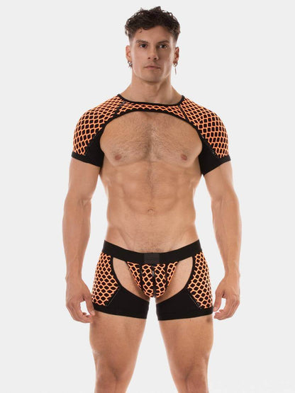 Man wearing black and orange mesh harness on a white background