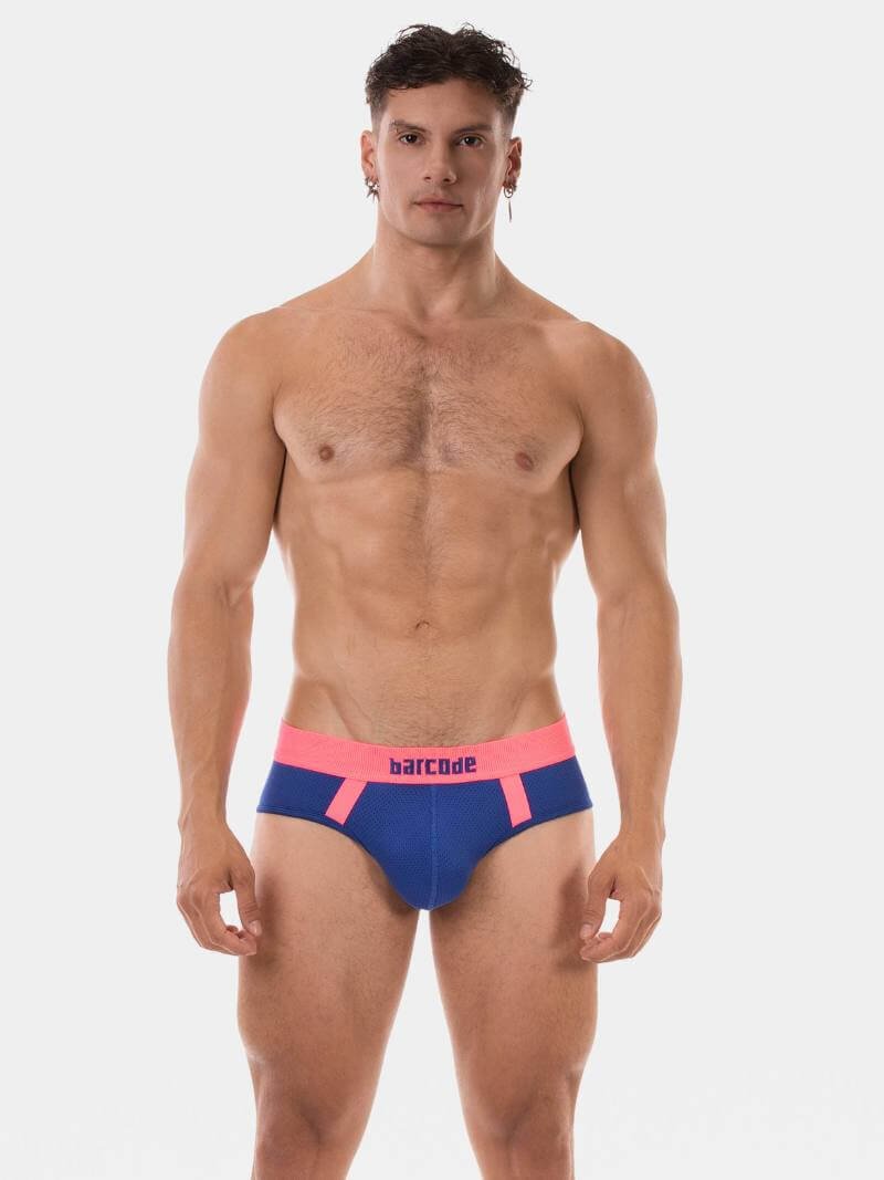 Man wearing blue and pink underwear with 'barcode' brand logo on a white background