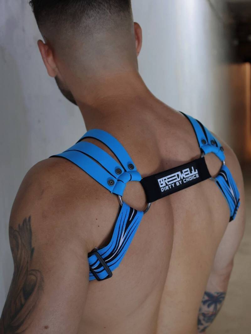 Person wearing a blue harness with a visible brand logo on a neutral background
