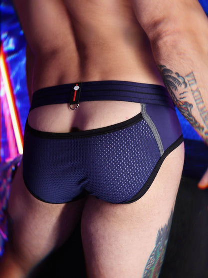 Navy blue men's underwear with a colorful background
