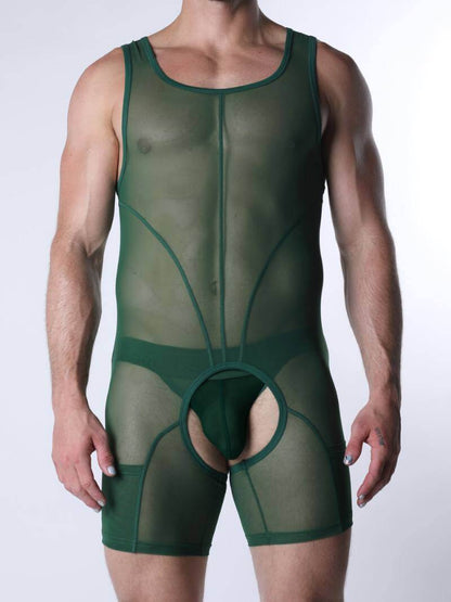 Person wearing a green mesh bodysuit on a white background